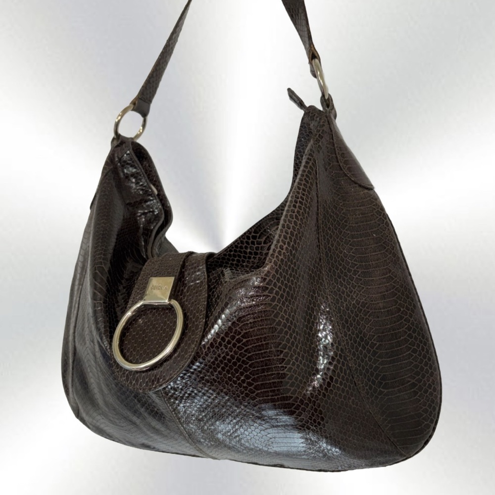 Elegant Furla Chocolate Brown Python Leather Tote… - image 1